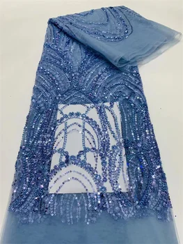 Najnovšie Sky Blue Francúzskej Čipky A Tylu Textílie 2023 Vysokej Kvality Flitrami Afriky Voile Čipky Textílie Korálkové Nigérijský Čipky Textílie