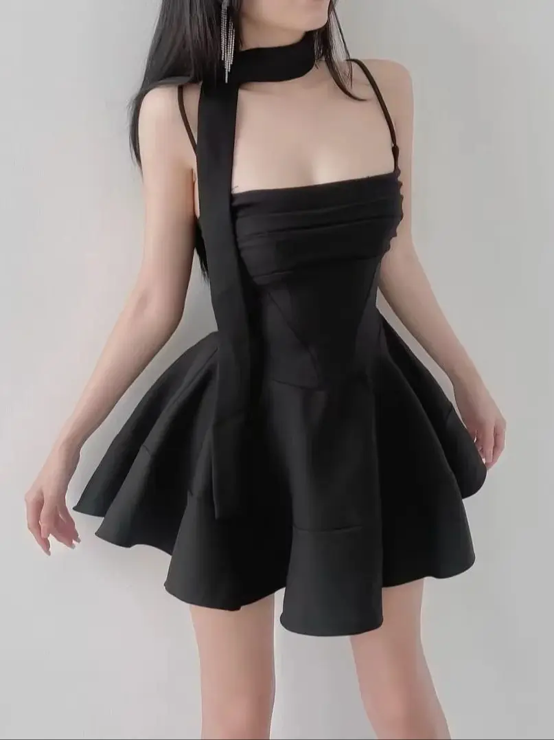 Letné dámske Dva-farba Čierna Hnedá Halter Top bez Ramienok, Backless Sexy Voľné Skladaný Mini Šaty, Sexy