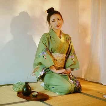 Ženské Vintage Štýl, Dlhé Šaty Tradičné Japonské Kimono Zelená Farba Formálne Yukata Cosplay Kostým Vykonanie Šaty
