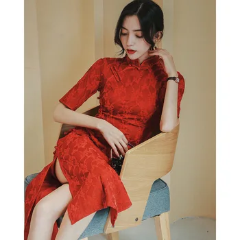 2023 Nové Čipky Lepšiu Cheongsam Šaty Čínske Ženy, Svadobné Šaty Nevesty Toast Šaty Nový Rok Červená Qipao Formálne Večerné Šaty
