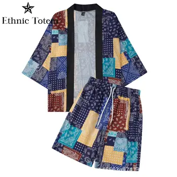 Japonské Kimono Cardigan Mužov Samuraj Oblečenie Patchwork Vzor T Košele Nohavice Pláži Košele, Blúzky, Haori Ženy Kimono Harajuku