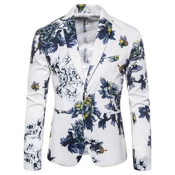 Vysoko Kvalitné pánske Sako Slim Fit Odevy pre Mužov Biela Business Formálne Kabát Módy Tlače Kvety, Svadobné Sako