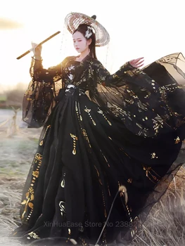 Čínske Tradičné Hanfu Žien Ľudové Tanečné Kostýmy Víla Princezná Šaty Retro Dievča Cosplay Čierny Biely Žeriav Nové