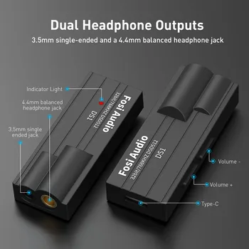 Fosi Audio Zosilňovač DS1 HiFi DAC pre Slúchadlá Mini USB Audio DAC Amp Podporu 32bit/768kHz s 3,5 MM 4.4 MM Dual Výstupy