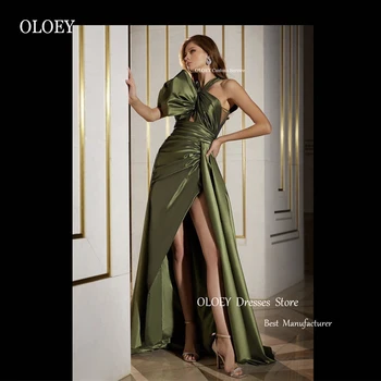 OLOEY Sexy plavky s uväzovaním za Army Zelená Lesklé Šaty Ples Dubaj arabské Ženy Vysoká Rozdeliť Dlhé Večerné Šaty Formálne Party Šaty Retro