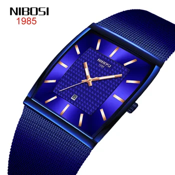 NIBOSI Ultra Tenký Modrý Štvorec Pánske Hodinky Top Značky Luxusné Quartz Hodinky Mužov Nepremokavé Muž Náramkové hodinky Mužov Relogio Masculino