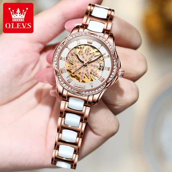 OLEVS 6681 Automatické Mechanické Hodinky Pre Ženy,Keramické Popruh Módne Luxusné Nepremokavé Ženy náramkové hodinky